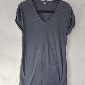 Prana Womens Small Tee Shirt Dress Midi Gray Vneck Short Sleeve Vacation